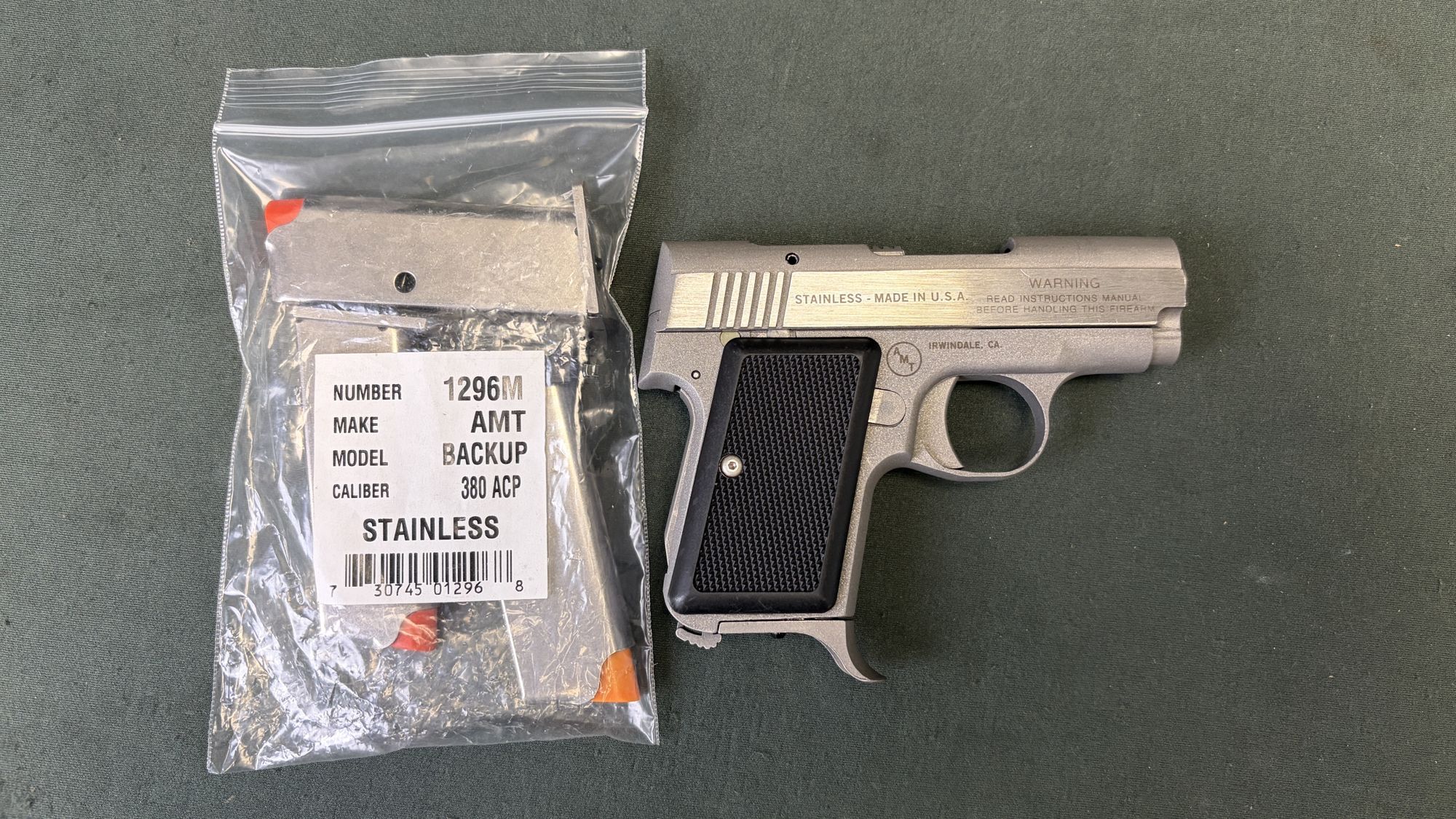 AMT Backup .380 ACP Single Action Stainless Like New with Four Magazines
