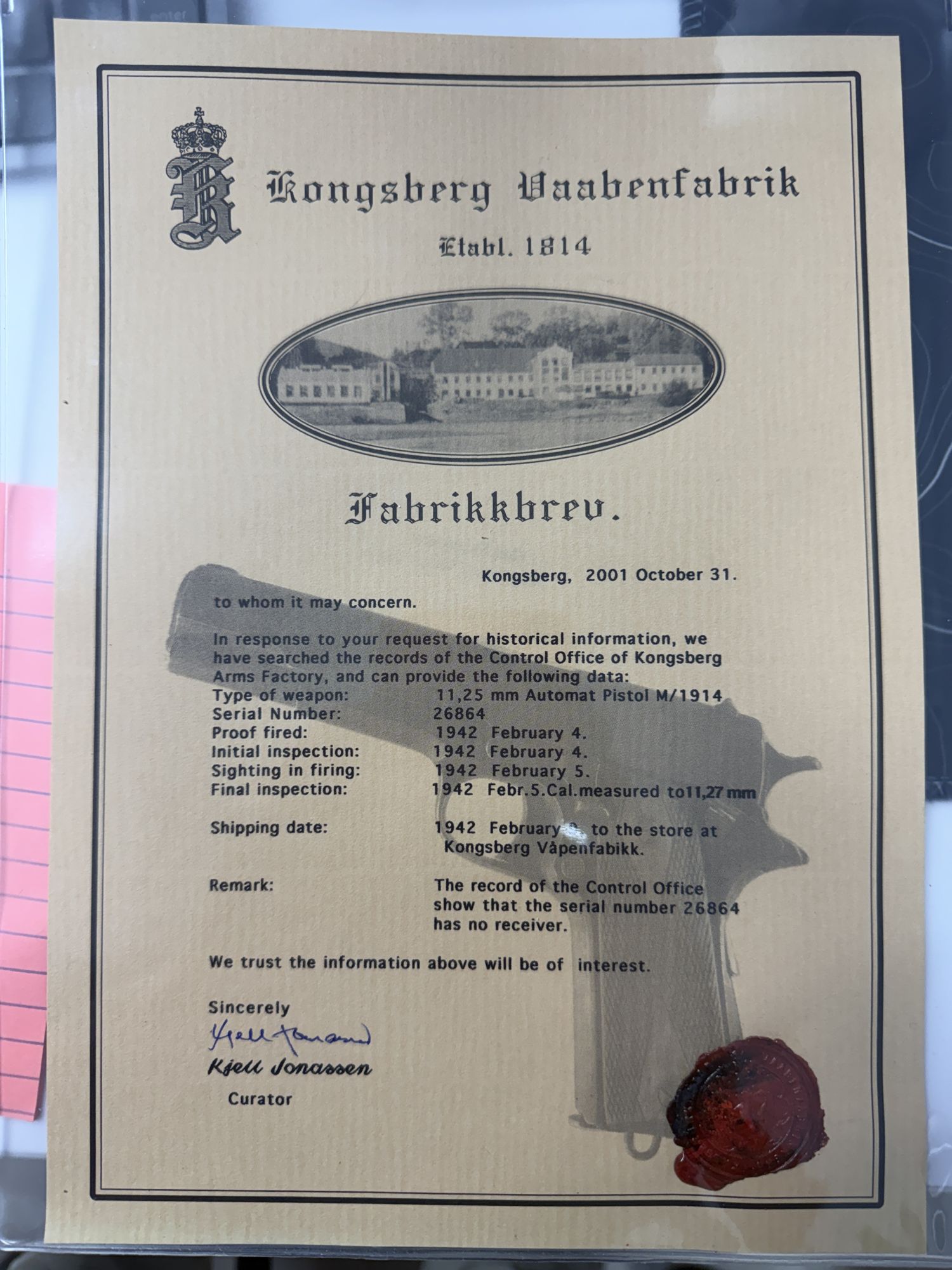 1942 Kongsberg M/1914 .45 ACP Matching with Signed Factory Archive Letter - Image 11