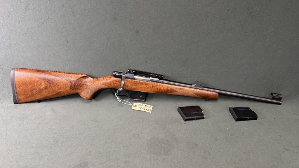 CZ 527 Carbine 7.62×39 – 18.5″ Walnut Stock, Iron Sights, 3 Magazines