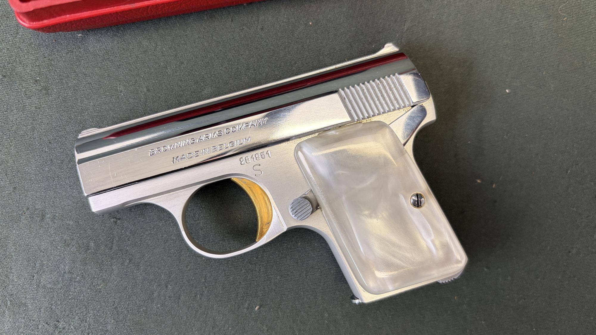1963 Browning Baby Lightweight .25 ACP Factory Chrome Pearl Grips with Case