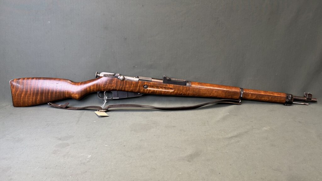 Finnish M39 Mosin-Nagant 7.62x53R Tiger Stripe Stock Tsar Crest Intact With Leather Sling