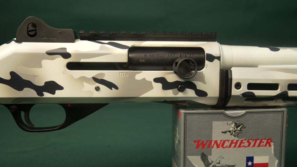 Benelli M4 TRIARC build in white camo Cerakote, right side